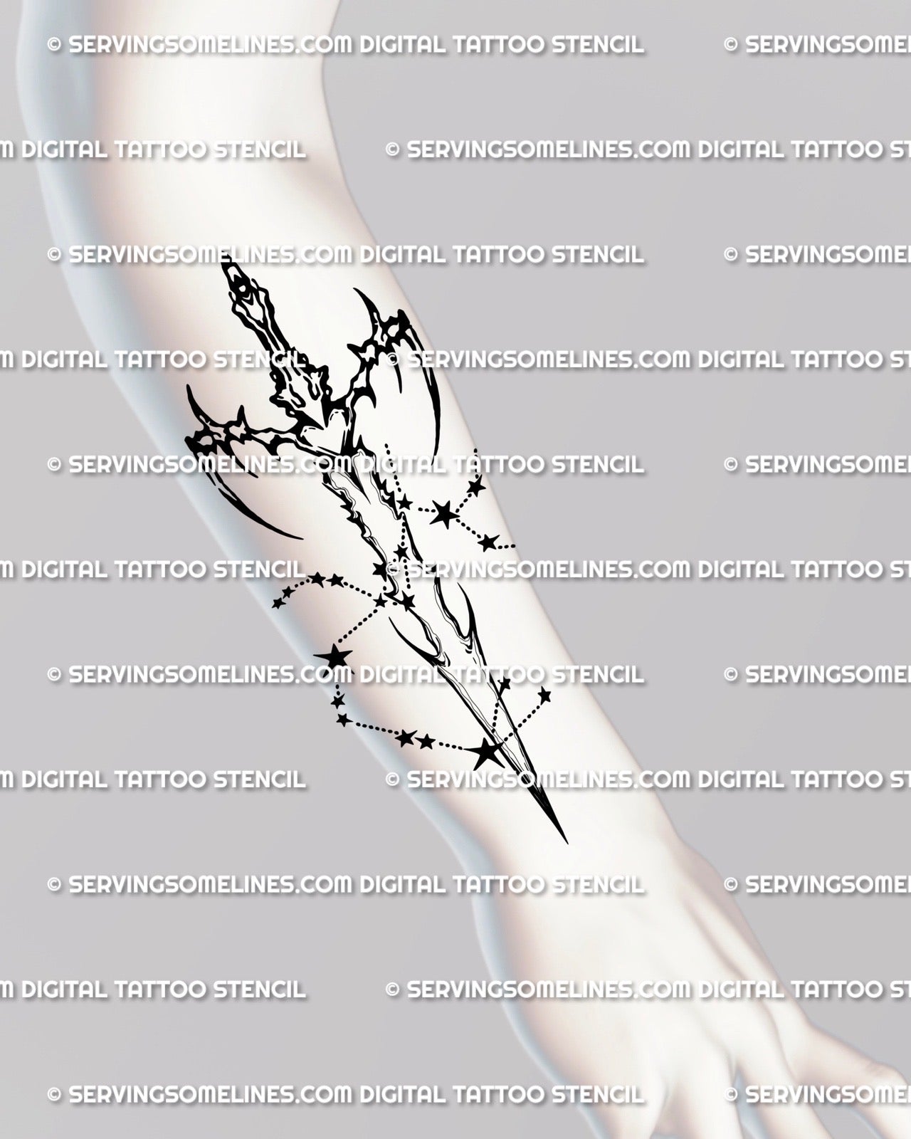 constellation sword tattoo on forearm with cyber tribal zodiac details and fine line star cluster for Sagittarius