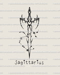 Sagittarius constellation sword tattoo stencil in cyber-tribal linework with star cluster mapping and modern zodiac detail