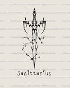 Sagittarius constellation sword tattoo stencil in cyber-tribal linework with star cluster mapping and modern zodiac detail