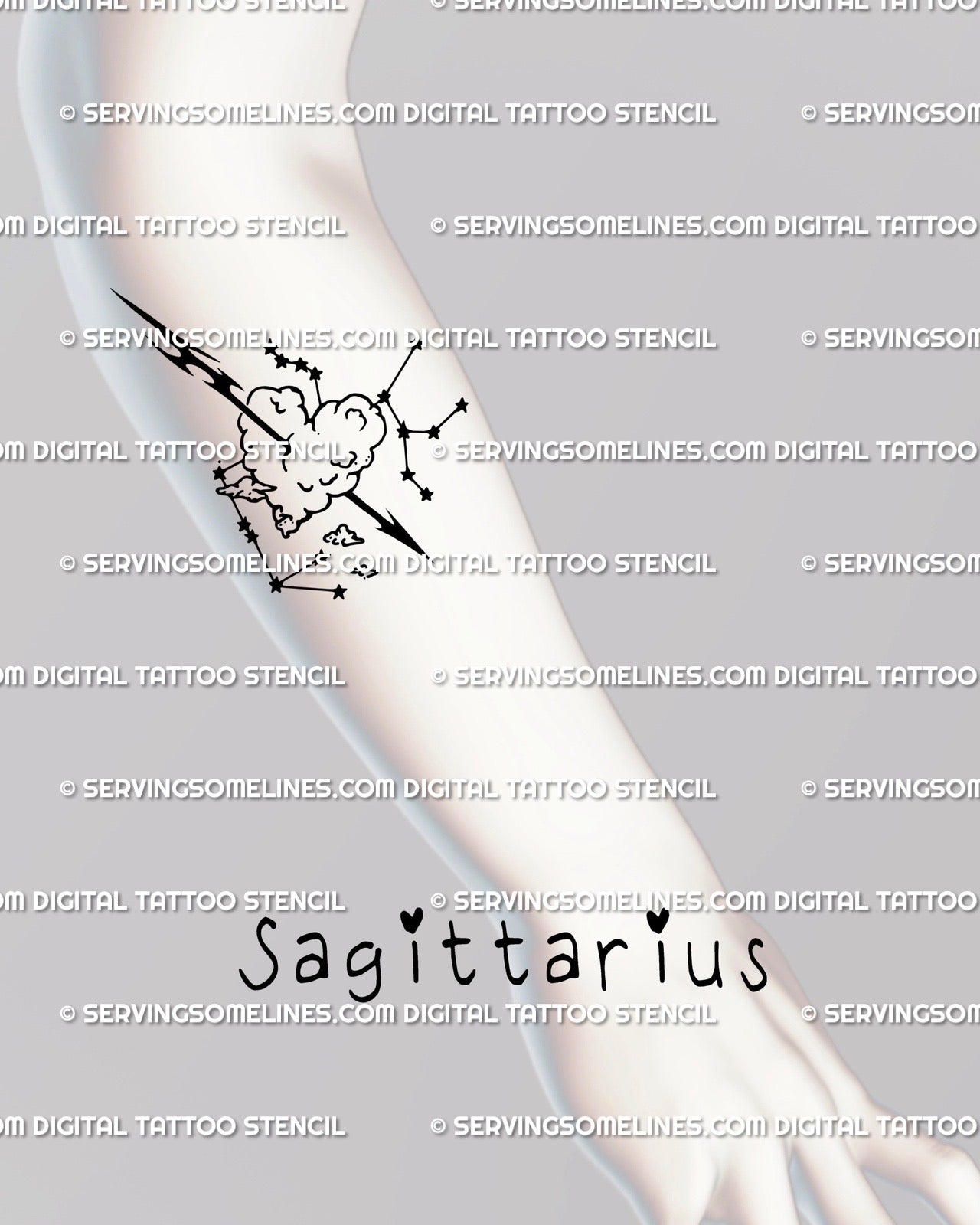 Digital Sagittarius arrow tattoo displayed on forearm, neotribal zodiac linework with heart-cloud and constellation details.