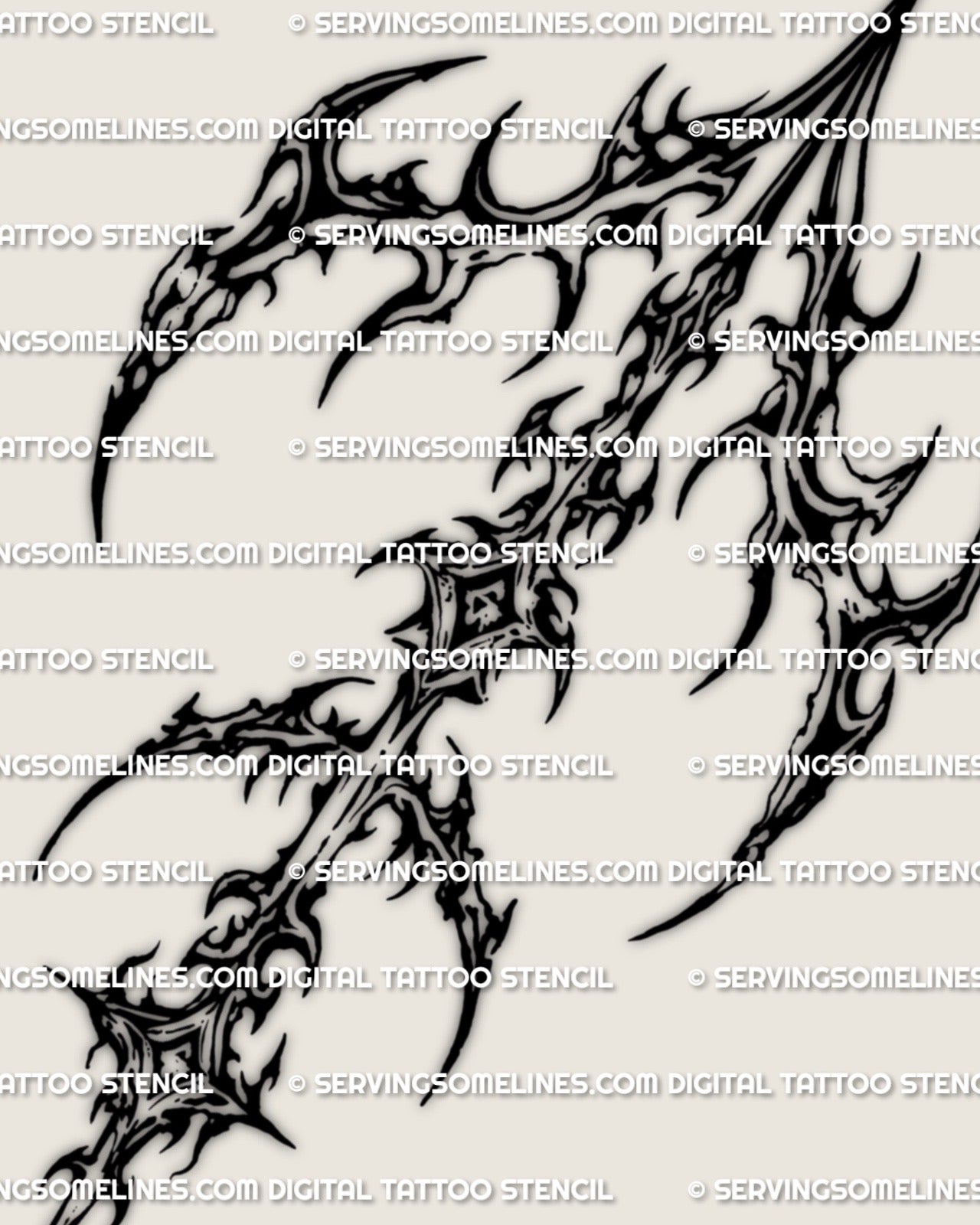 Close view of Sagittarius arrow glyph tattoo stencil download showing cyber sigil linework and clean stencil structure.
