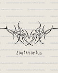Sagittarius heart tattoo stencil in neotribal cybersigilism linework, zodiac design with horns, heart, and arrows.