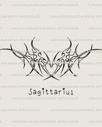 Sagittarius heart tattoo stencil in neotribal cybersigilism linework, zodiac design with horns, heart, and arrows.