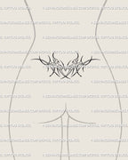 Sagittarius heart tattoo stencil shown on lower back placement example, neotribal horn frame, centered heart detail.