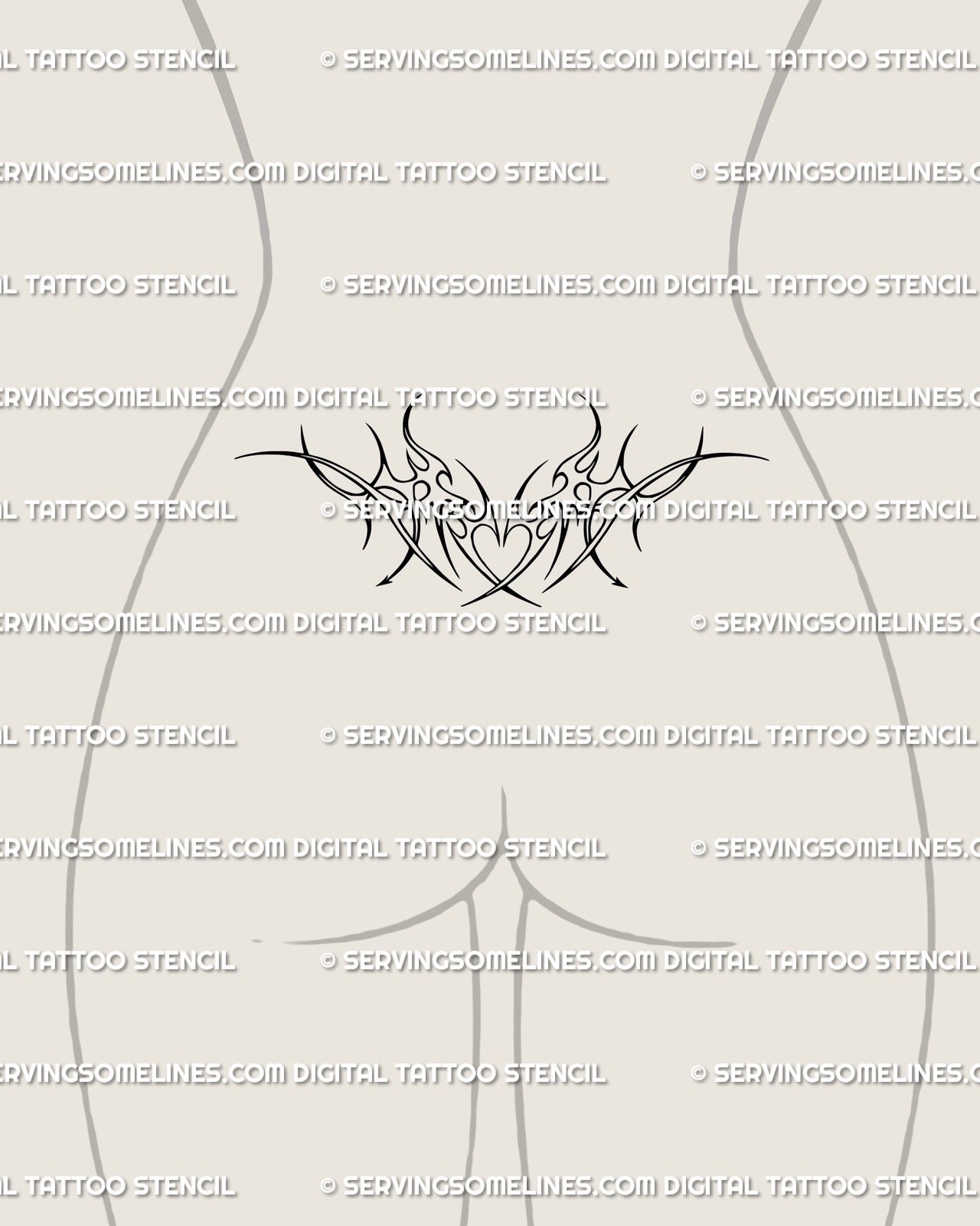 Sagittarius heart tattoo stencil shown on lower back placement example, neotribal horn frame, centered heart detail.