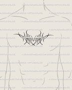 Sagittarius heart tattoo stencil on mens chest center placement example, neotribal horn frame and arrow direction detail.