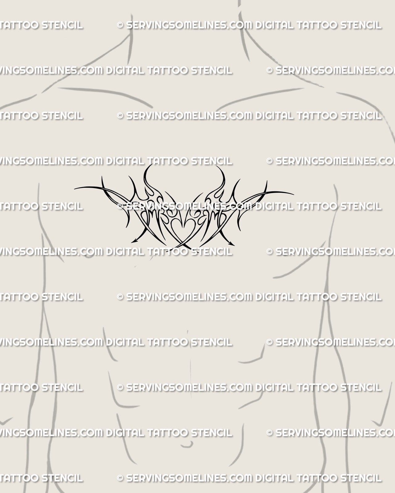 Sagittarius heart tattoo stencil on mens chest center placement example, neotribal horn frame and arrow direction detail.