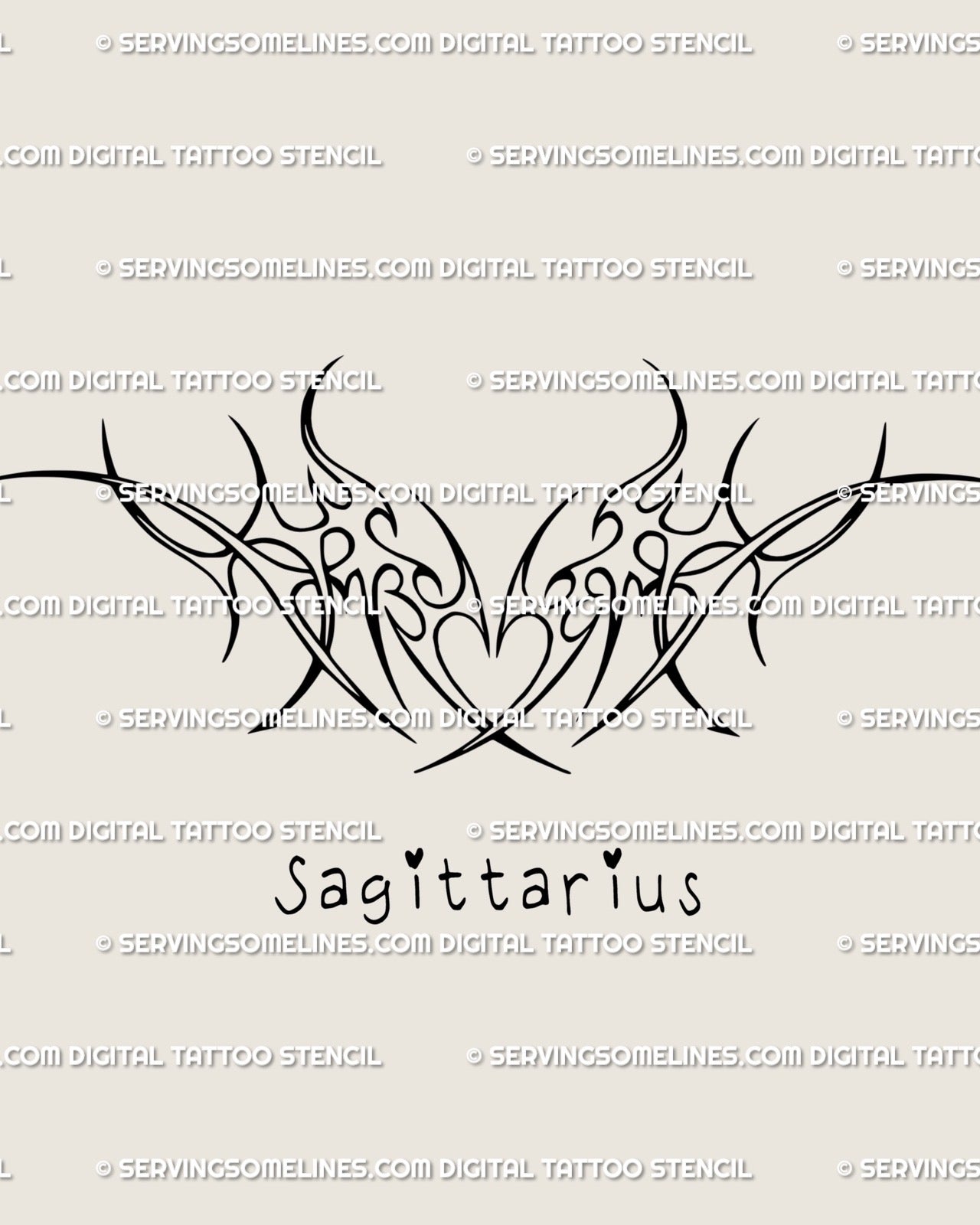 Sagittarius heart tattoo stencil design, neotribal horn frame and arrow tips, clean linework preview on white.