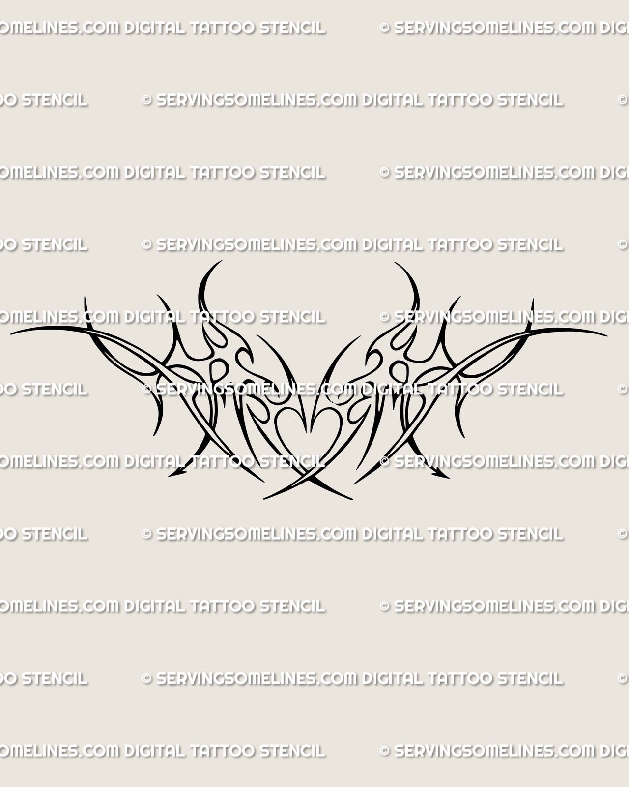 Sagittarius tattoo stencil digital file, ornamental heart and arrow design in neotribal cybersigilism line art style.