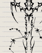 Sagittarius sword tattoo stencil close detail, cyber tribal hilt lines and a subtle arrow-like finish at the tip