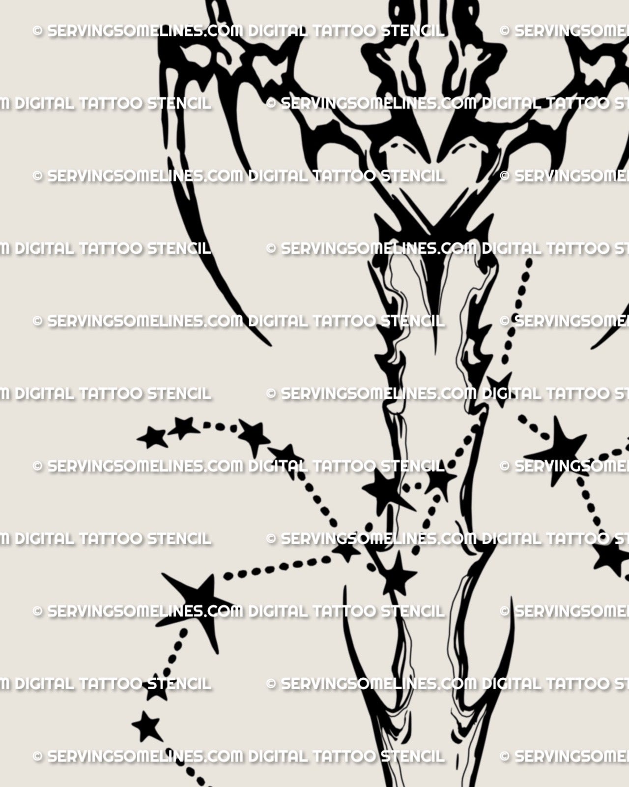 Sagittarius sword tattoo stencil close detail, cyber tribal hilt lines and a subtle arrow-like finish at the tip