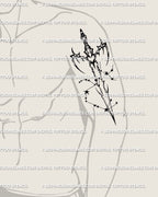 Mens upper arm placement example for Sagittarius sword tattoo stencil, cyber tribal blade with star cluster detail reads sharp