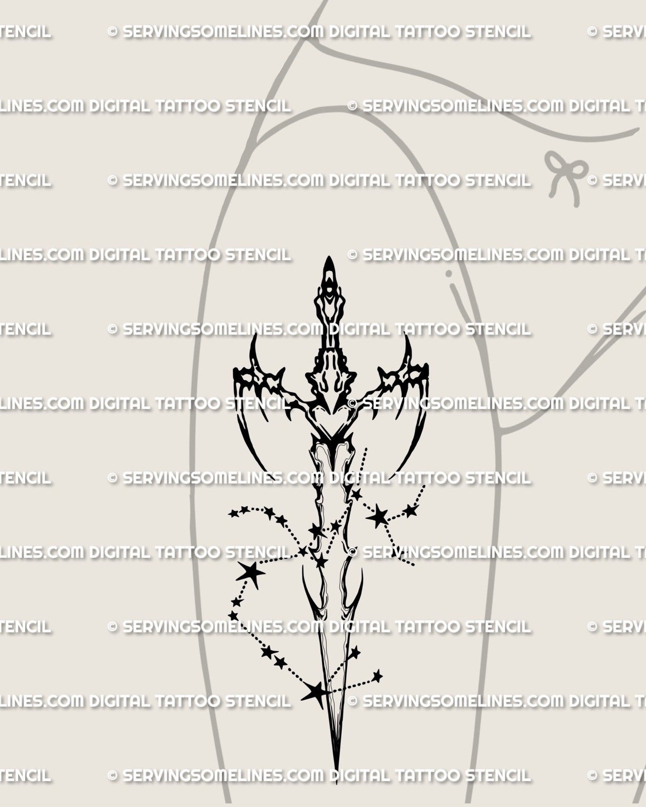 Womens thigh placement example for Sagittarius sword tattoo stencil, star cluster detail stays clear and clean when resized