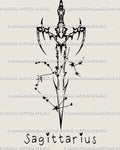 Sagittarius sword tattoo stencil design, zodiac blade with star cluster detail and a subtle arrow-like finish at the tip