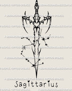 Sagittarius sword tattoo stencil design, zodiac blade with star cluster detail and a subtle arrow-like finish at the tip