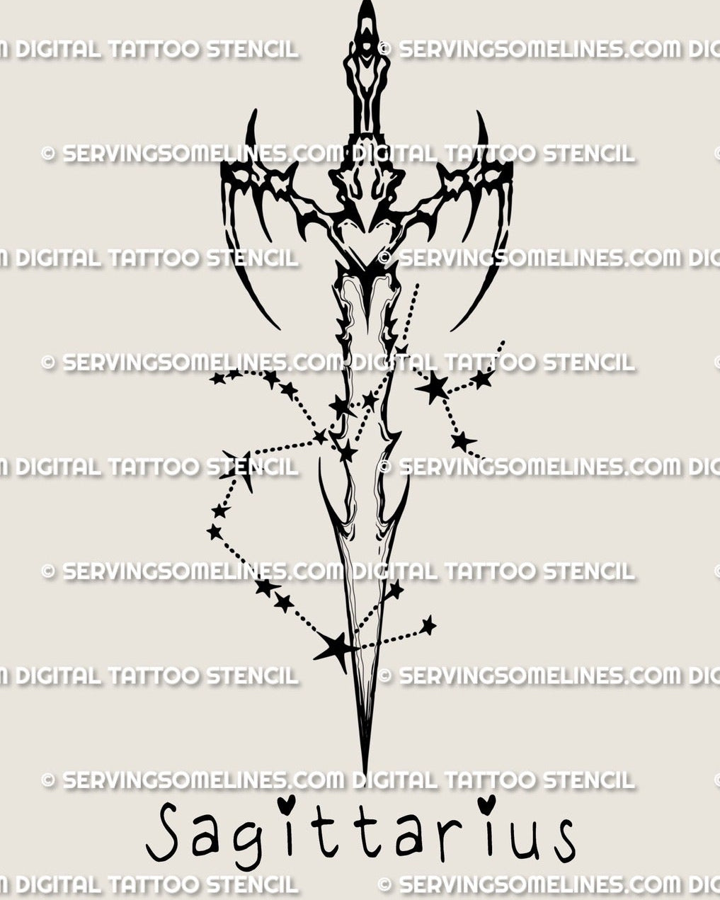 Sagittarius sword tattoo stencil design, zodiac blade with star cluster detail and a subtle arrow-like finish at the tip