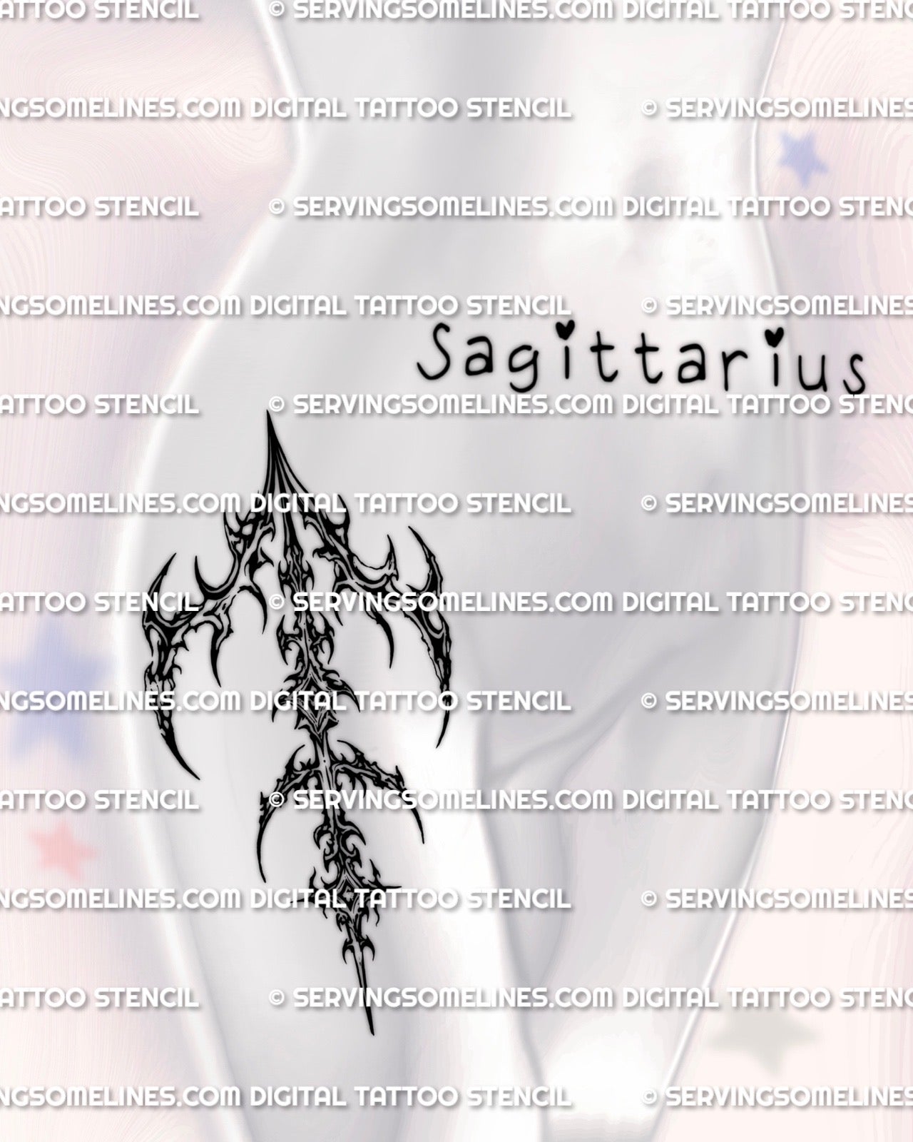 Sagittarius symbol tattoo stencil download shown as hip tattoo design, cybersigilism arrow glyph stencil printable file.