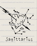 Main design preview, Sagittarius zodiac tattoo stencil with arrow through a heart-shaped cloud, clean blackwork linework, digital file.