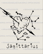 Main design preview, Sagittarius zodiac tattoo stencil with arrow through a heart-shaped cloud, clean blackwork linework, digital file.