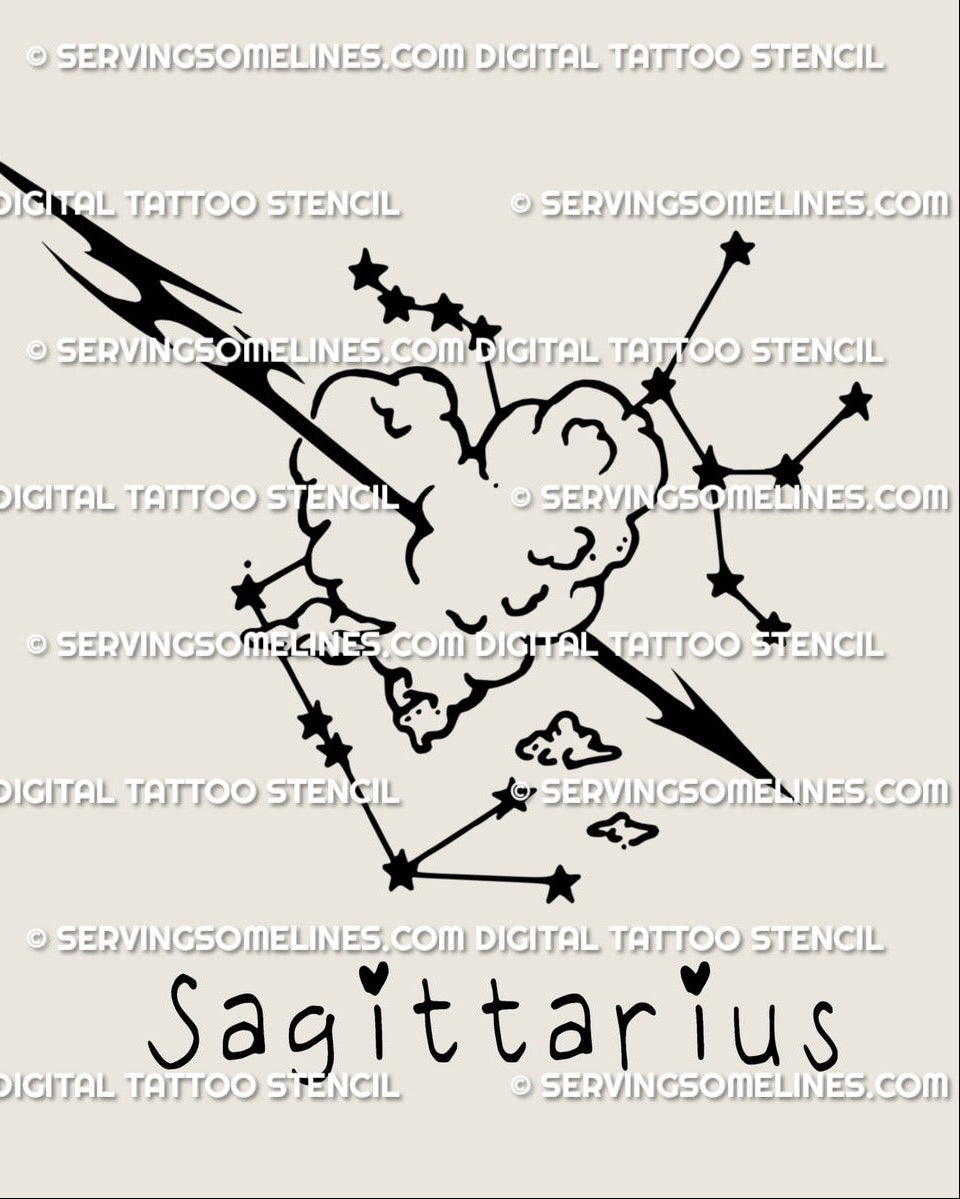 Main design preview, Sagittarius zodiac tattoo stencil with arrow through a heart-shaped cloud, clean blackwork linework, digital file.
