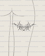 Sagittarius zodiac tattoo displayed on woman’s back thigh, ornamental heart wings neotribal cybersigilism linework. 
