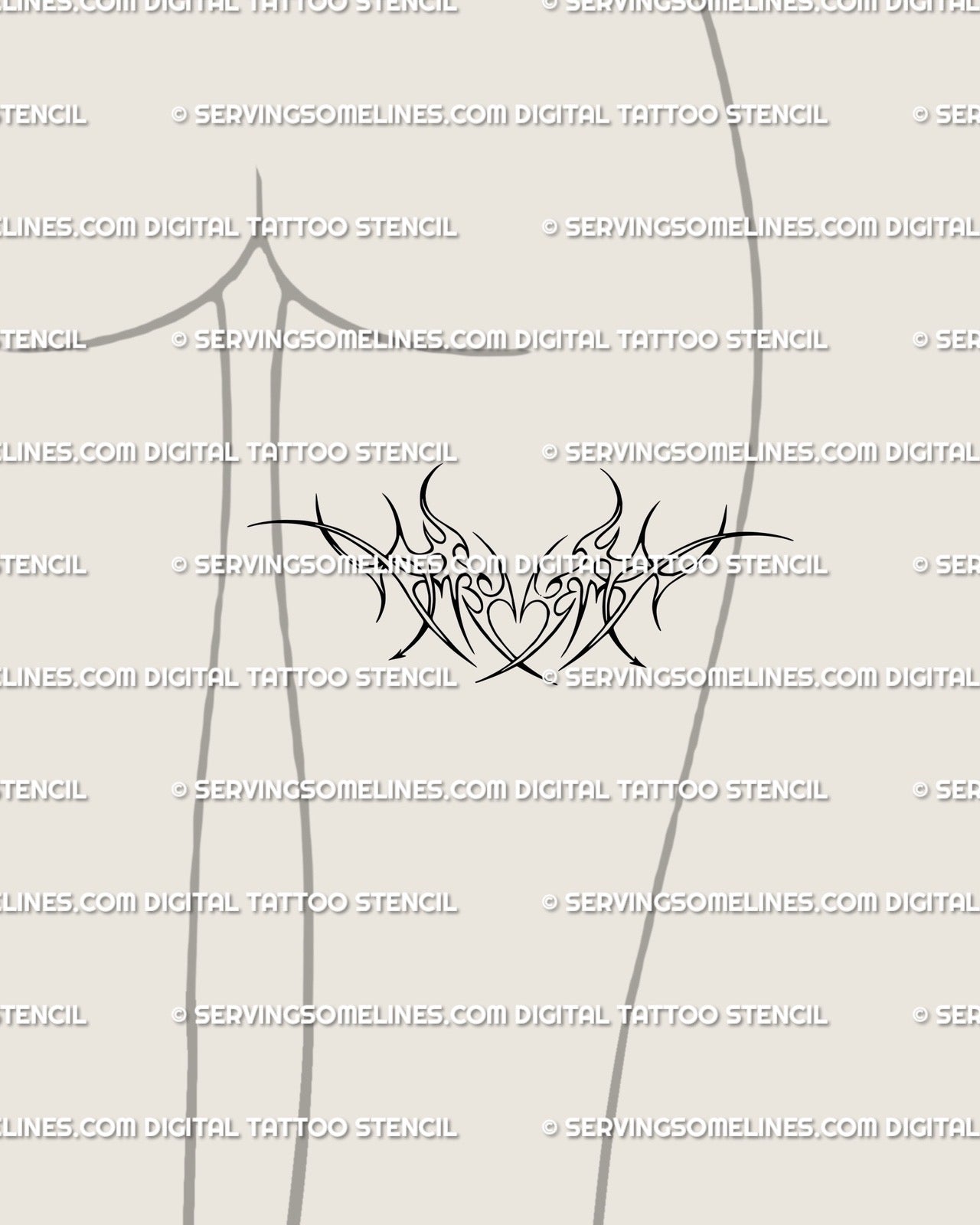 Sagittarius zodiac tattoo displayed on woman’s back thigh, ornamental heart wings neotribal cybersigilism linework. 