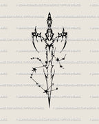 Sagittarius sword tattoo stencil design, celestial blade with star cluster detail and a subtle arrow-like point at the tip