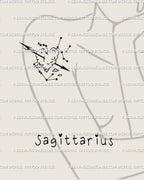 Shown on women’s arm placement, Sagittarius zodiac tattoo stencil with arrow and heart cloud symbol, clean minimal linework for sizing.