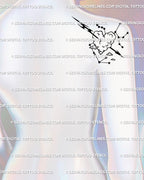 Displayed on back of shoulder placement example, Sagittarius zodiac tattoo stencil, compact arrow through heart cloud, clean blackwork read.