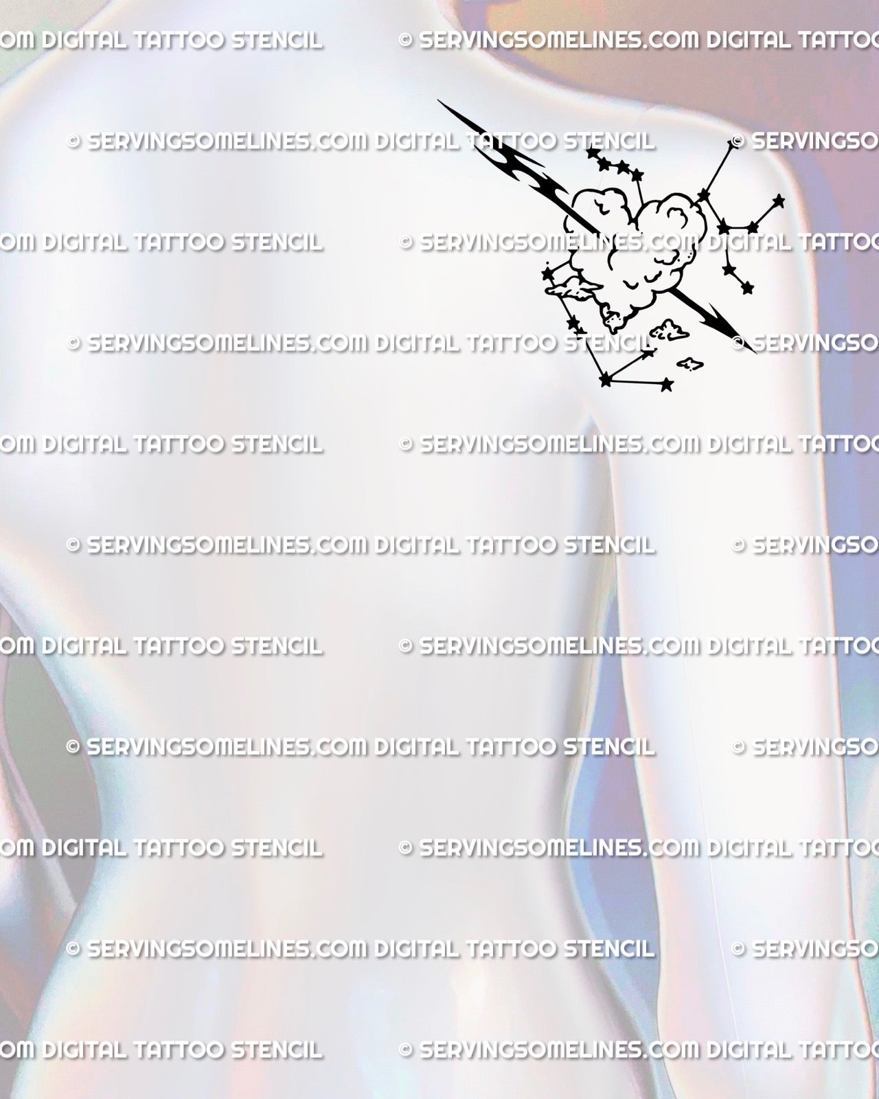 Displayed on back of shoulder placement example, Sagittarius zodiac tattoo stencil, compact arrow through heart cloud, clean blackwork read.