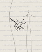 Shown on women’s back of thigh placement, Sagittarius zodiac tattoo stencil with arrow and heart cloud, clean outline, modern small tattoo.