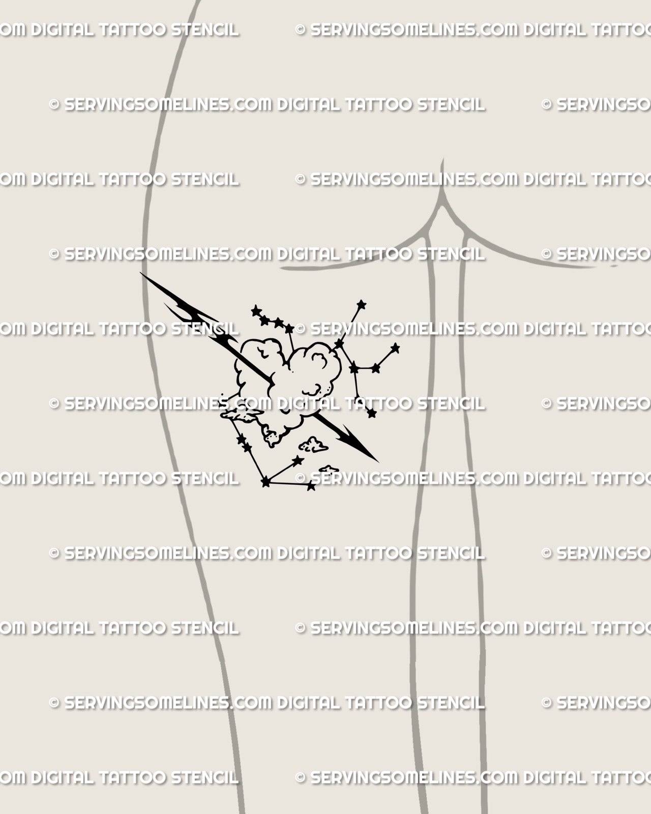 Shown on women’s back of thigh placement, Sagittarius zodiac tattoo stencil with arrow and heart cloud, clean outline, modern small tattoo.