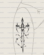 Sagittarius constellation sword tattoo placed on front thigh, showing cyber-tribal detailing and celestial stars in sharp fine-line design.