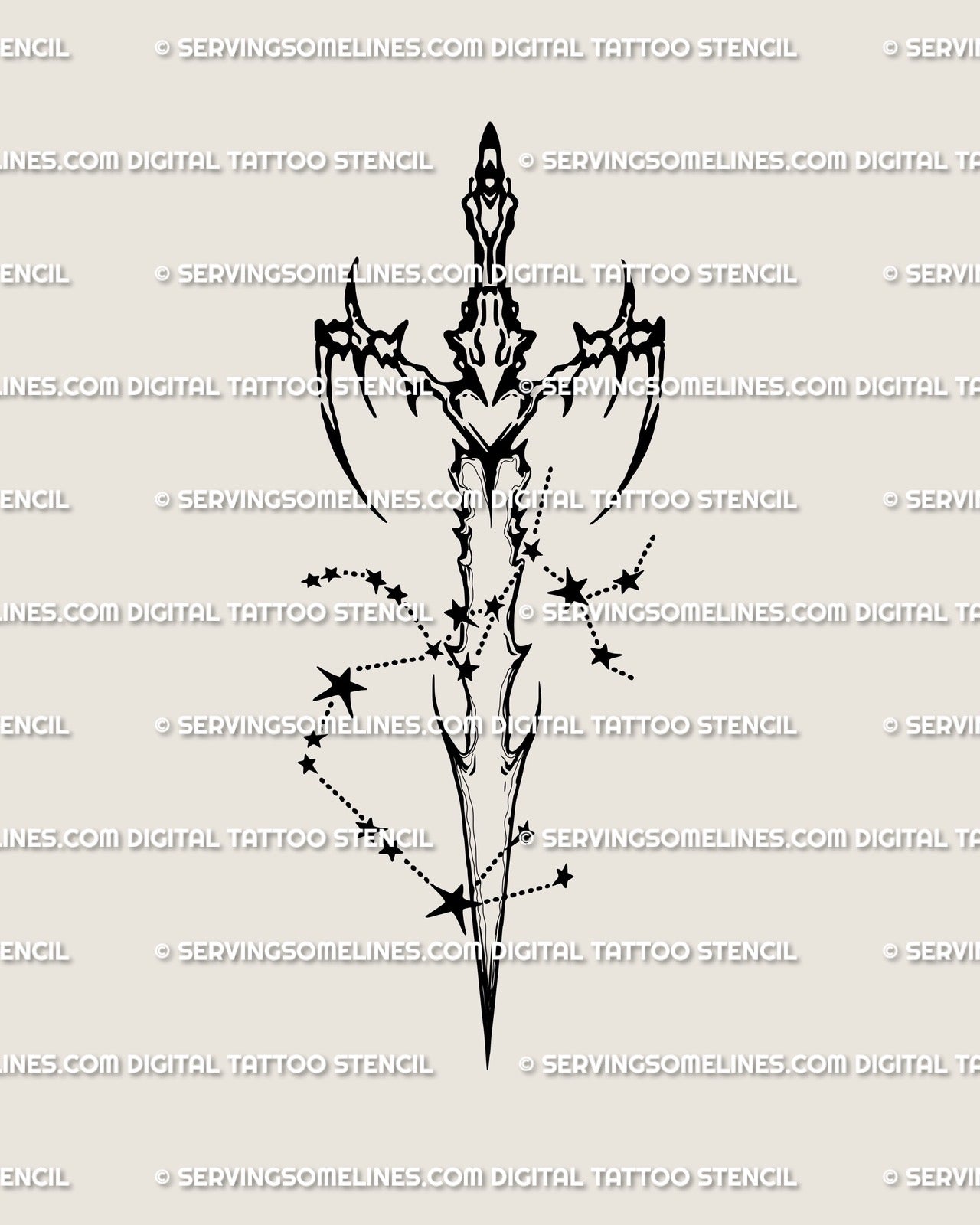 Sagittarius cyber-tribal zodiac tattoo design featuring constellation stars, fire-sign symbolism, and a sleek dagger silhouette in minimal style.