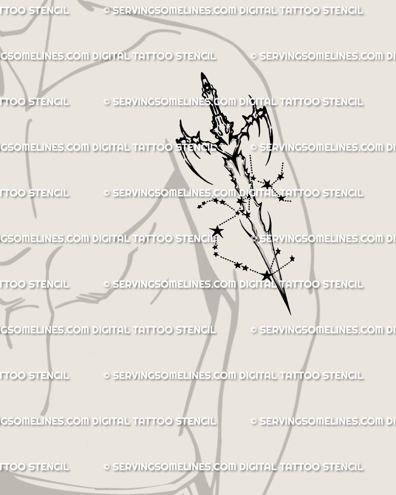 Neo-tribal Sagittarius sword tattoo idea on male arm, constellation stars wrapping around the blade for bold zodiac-inspired placement.