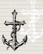 Sailor anchor cross tattoo stencil showing rope-wrapped anchor fused into cross form, clean engraved blackwork line design.
