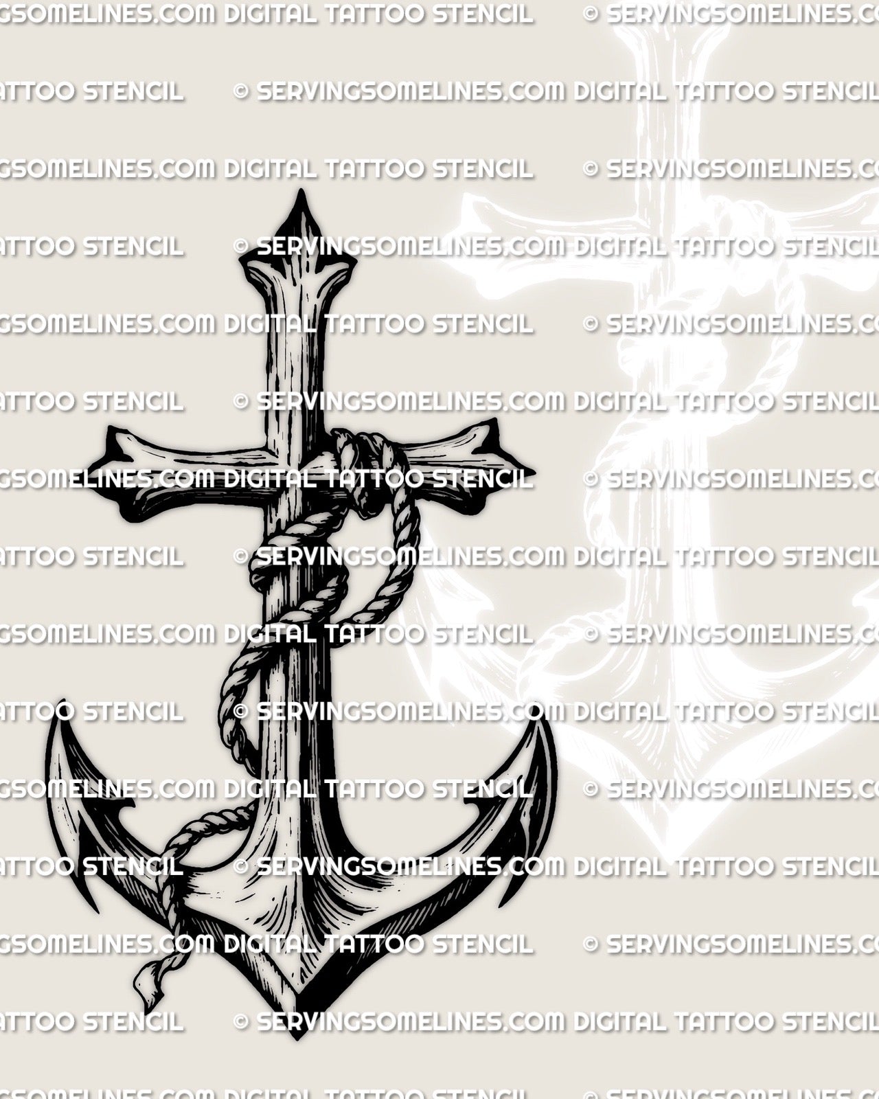 Sailor anchor cross tattoo stencil showing rope-wrapped anchor fused into cross form, clean engraved blackwork line design.

