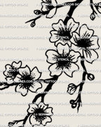 Close view of sakura blossom tattoo stencil, clustered petals and branch lines, crisp printable design.