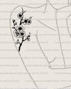 Sakura branch tattoo stencil shown on women’s arm placement example, clustered cherry blossoms, clean linework.