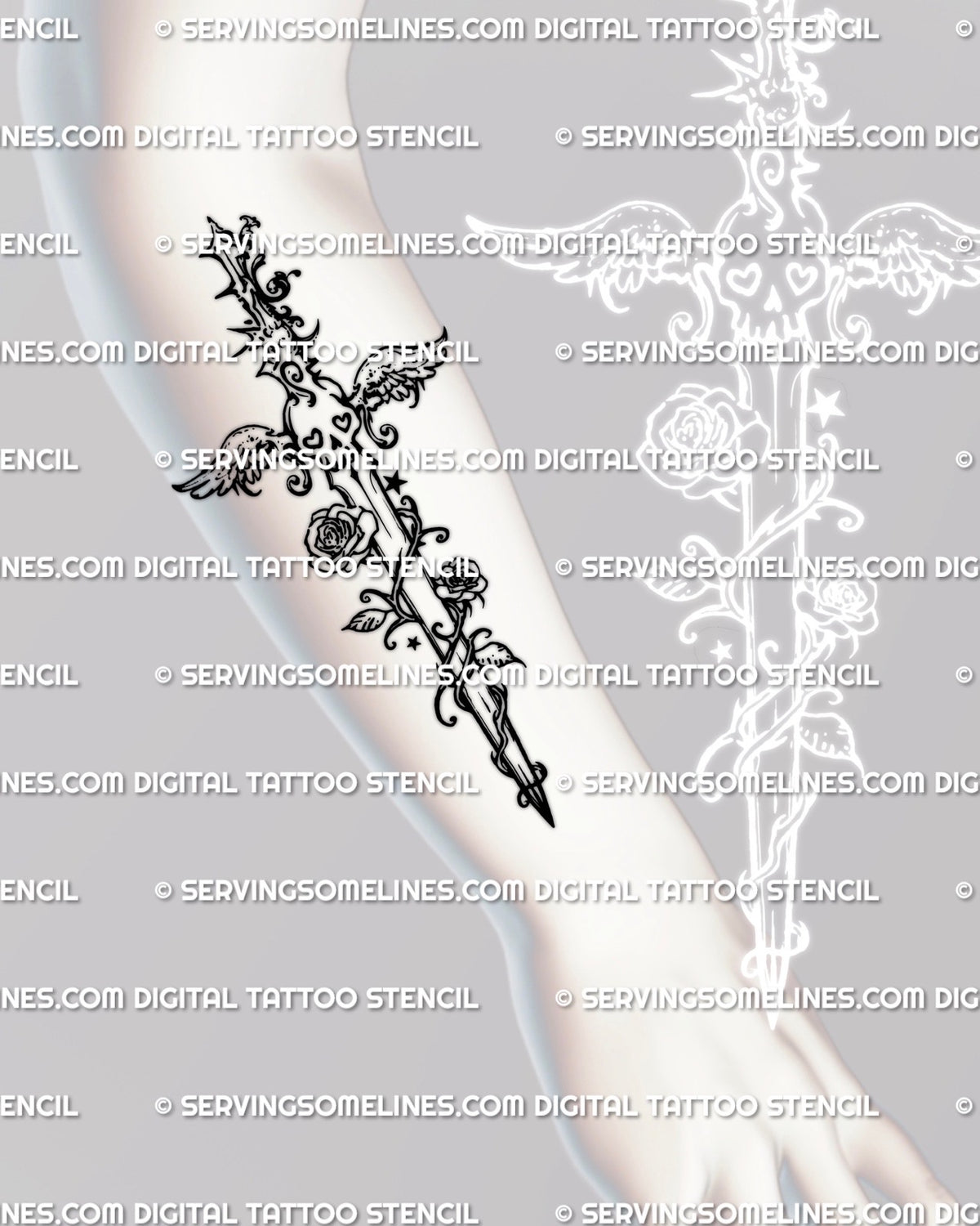 Emo Dagger Tattoo Stencil, Collage Style, Instant Download ...