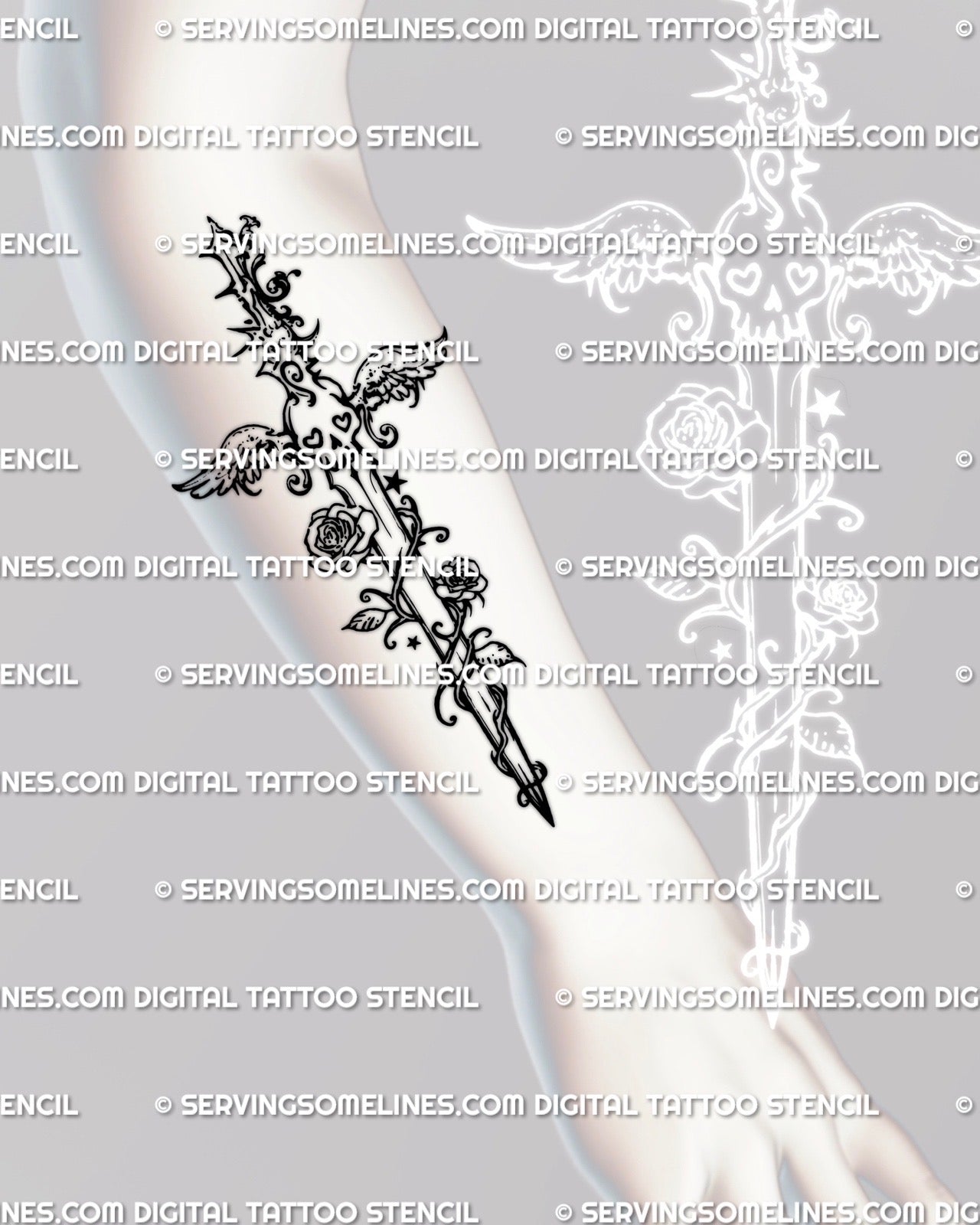 Scene dagger tattoo stencil shown on forearm placement example, collage style dagger centerpiece, instant download.