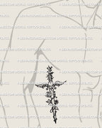 Scene dagger tattoo stencil shown on ribs side placement example, collage style dagger, narrow fit for side body.