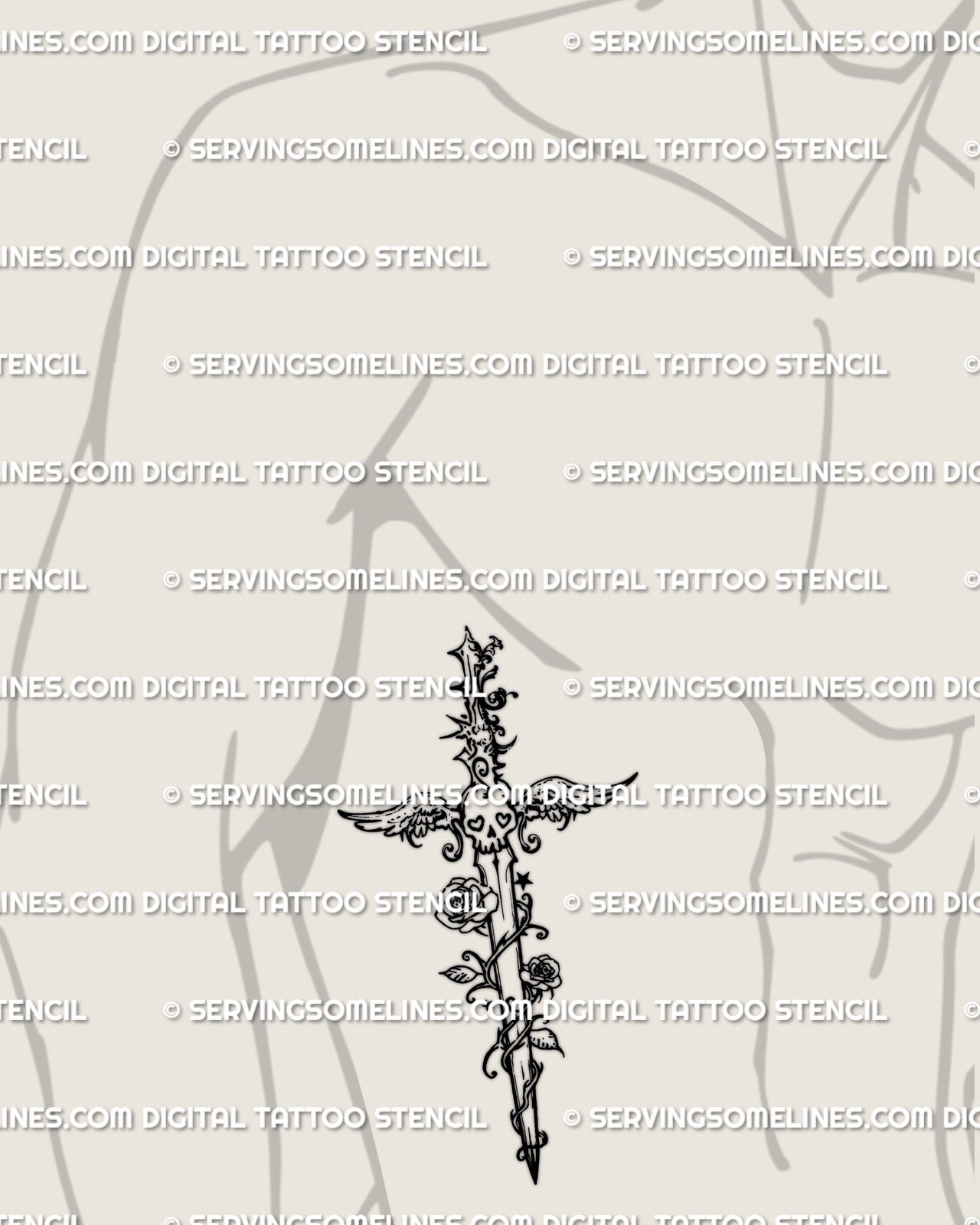 Scene dagger tattoo stencil shown on ribs side placement example, collage style dagger, narrow fit for side body.