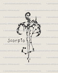 Scorpio constellation sword tattoo stencil in neotribal linework, dark aesthetic zodiac design with stars and scorpion claw blade.