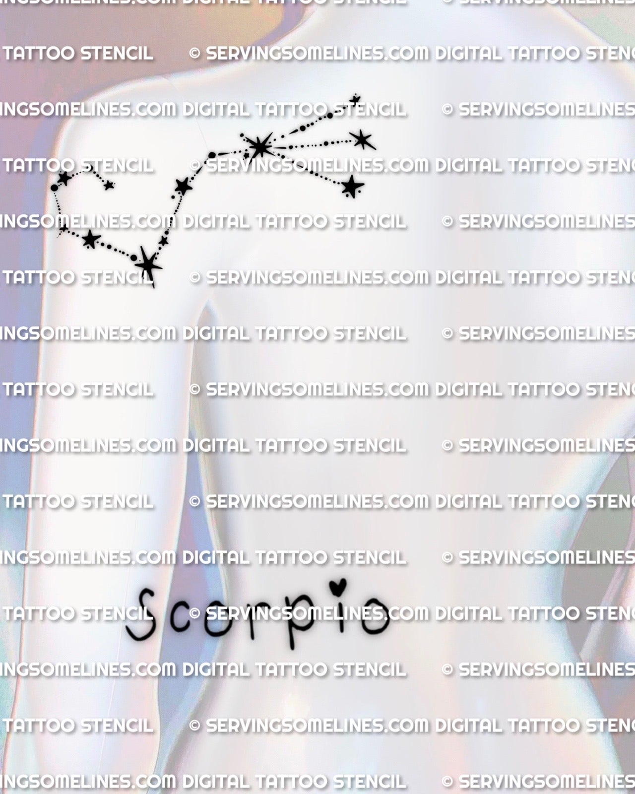 Scorpio constellation tattoo stencil on back shoulder placement example, minimal zodiac constellation stars, PNG JPEG PDF download.
