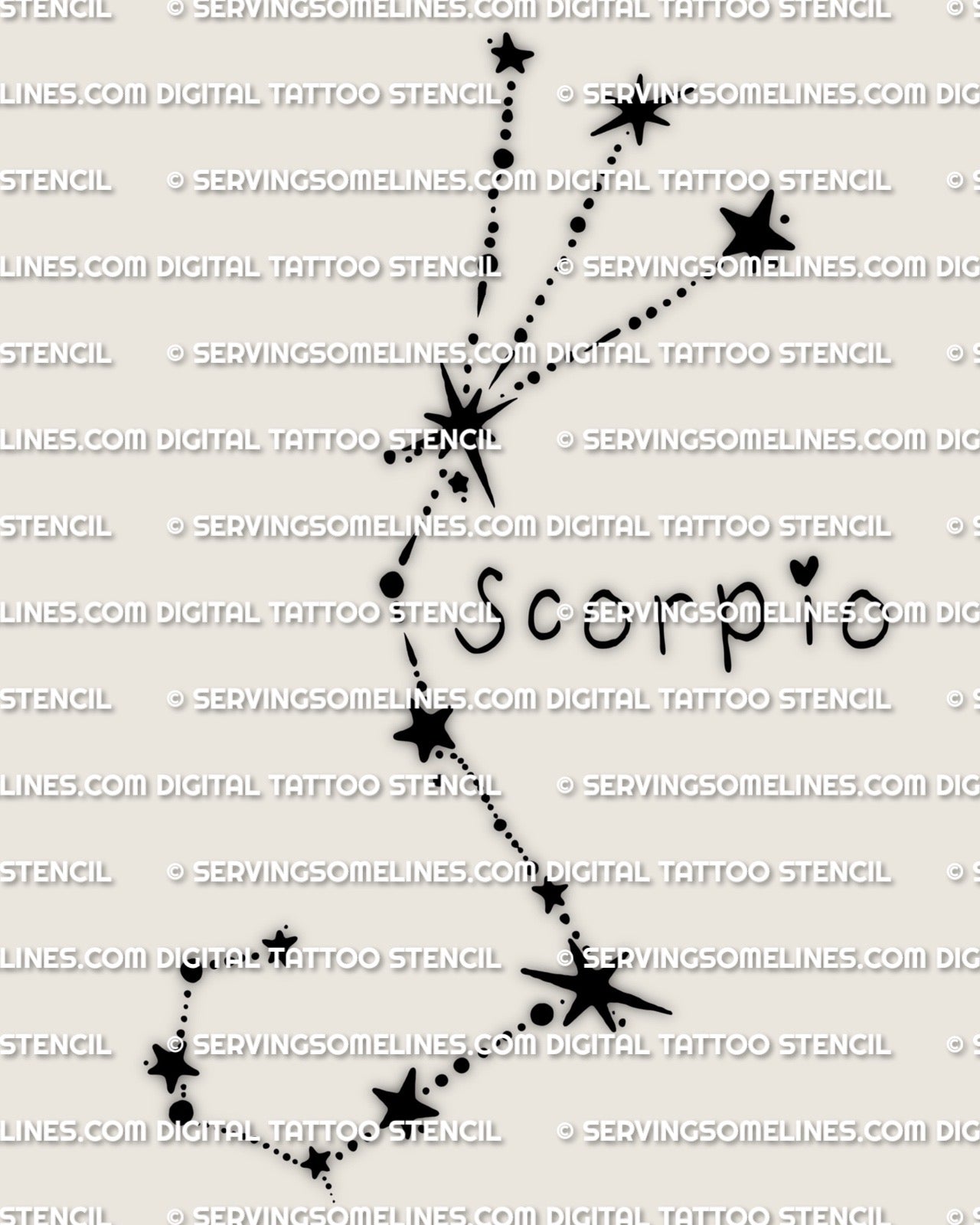 Scorpio constellation tattoo stencil digital download, minimalist zodiac stars and clean line path, PNG JPEG PDF for tattoo transfer.