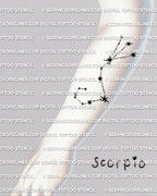 Scorpio constellation tattoo stencil displayed on forearm placement example, instant download files, clean star points and simple layout.