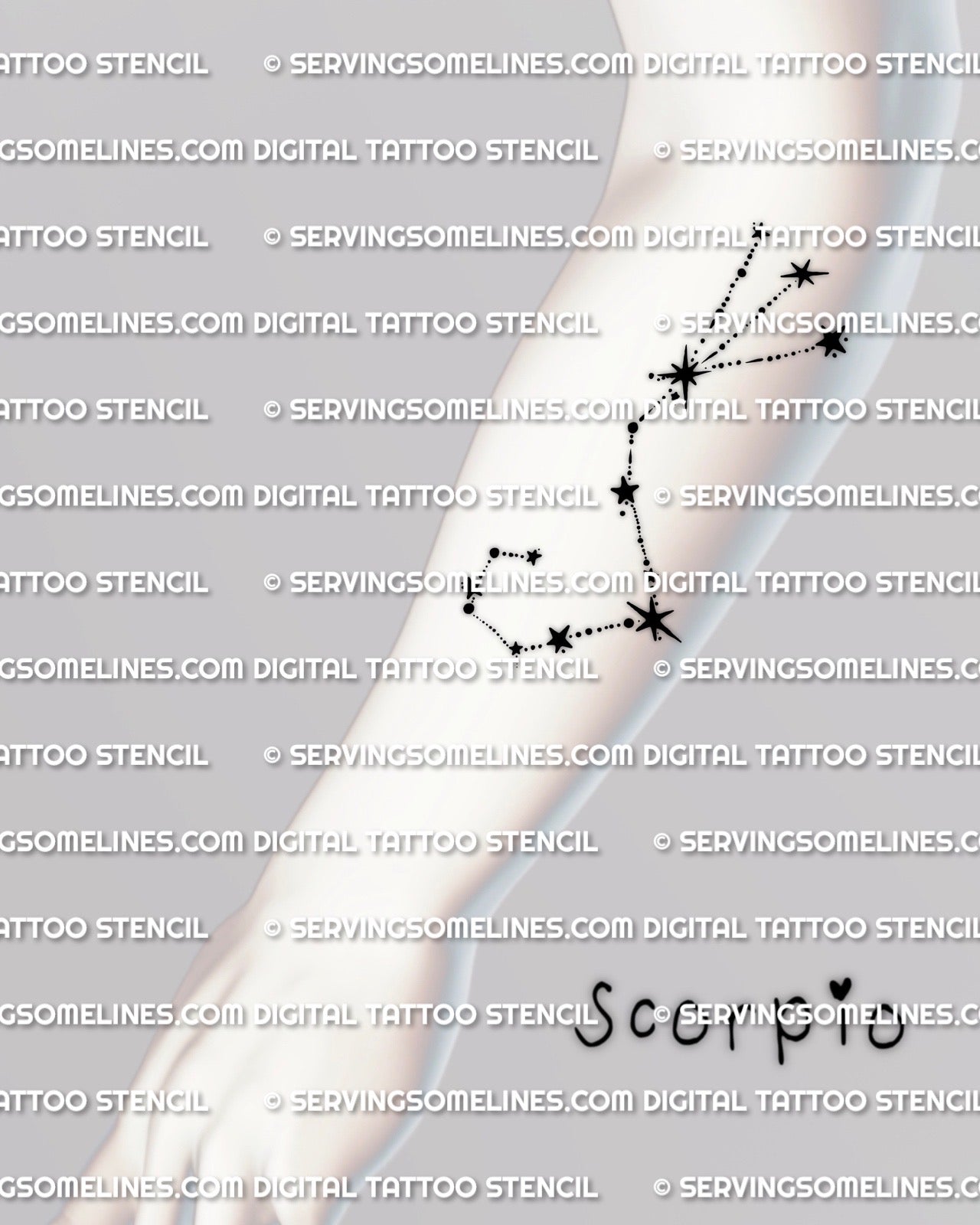 Scorpio constellation tattoo stencil displayed on forearm placement example, instant download files, clean star points and simple layout.