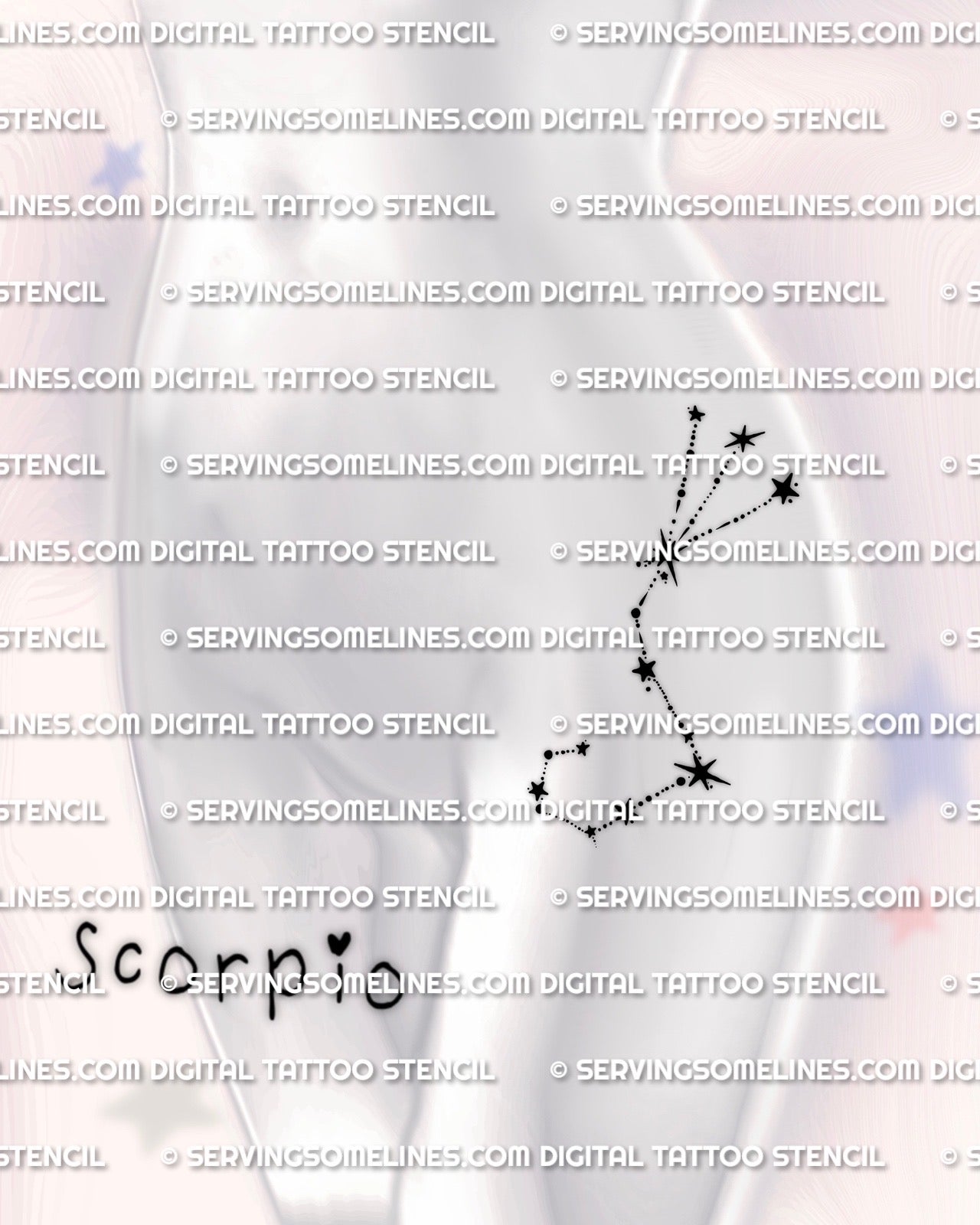 Scorpio constellation tattoo stencil shown on womens hip placement example, minimalist scorpius stars, instant download PNG JPEG PDF files.