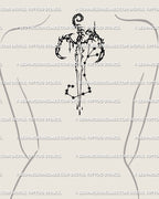 Upper back centered scorpio constellation tattoo, vertical neotribal sword layout with cosmic star flow and symmetrical black lines.
